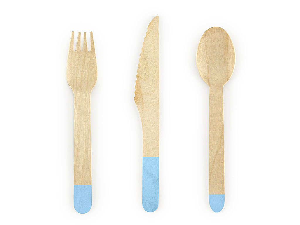 Holzbesteck Set, hellblau, Messer, Gabel und Löffel je 6 Stück, Länge ca. 16 cm